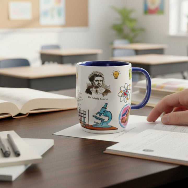 Ceramic mug with scientific illustrations on a classroom desk