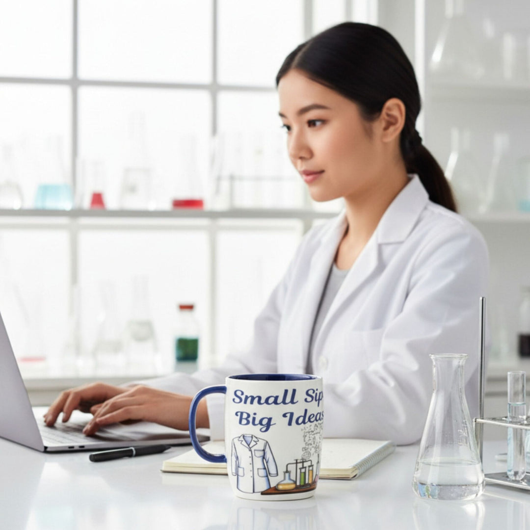 Person in a lab coat sitting at a desk with a laptop and a ceramic mug with scientific design and text that says "Small Sips, Big Ideas."