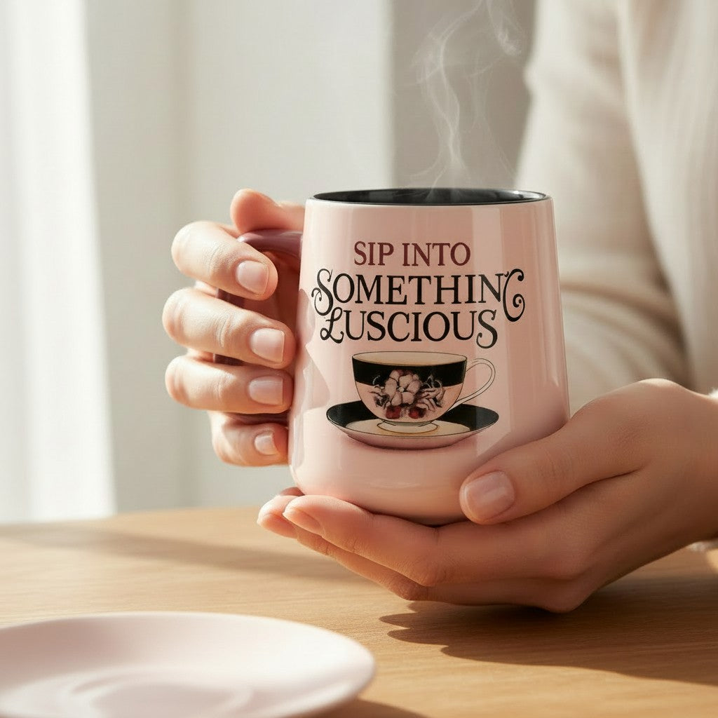 Person holding a pink mug with 'Sip into Somethin' Luscious' text and a tea cup graphic.