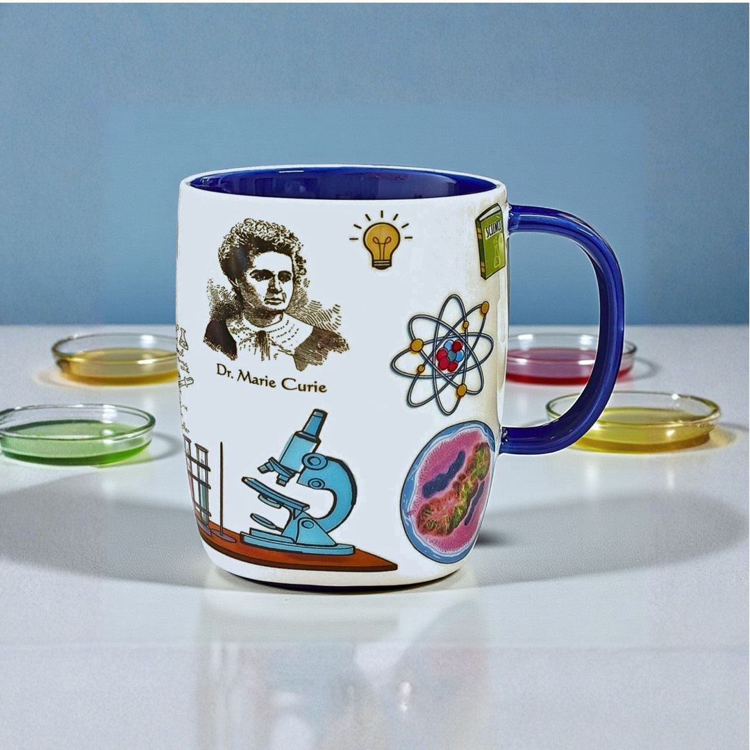 Mug with scientific-themed design featuring images of Marie Curie and scientific equipment on a white surface.