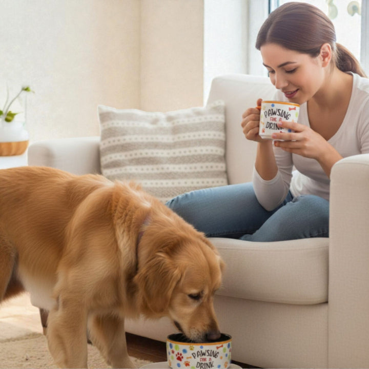 Woman drinking from a mug next to a dog eating from a bowl, with the mug and the bowl having the same dog-themed design.