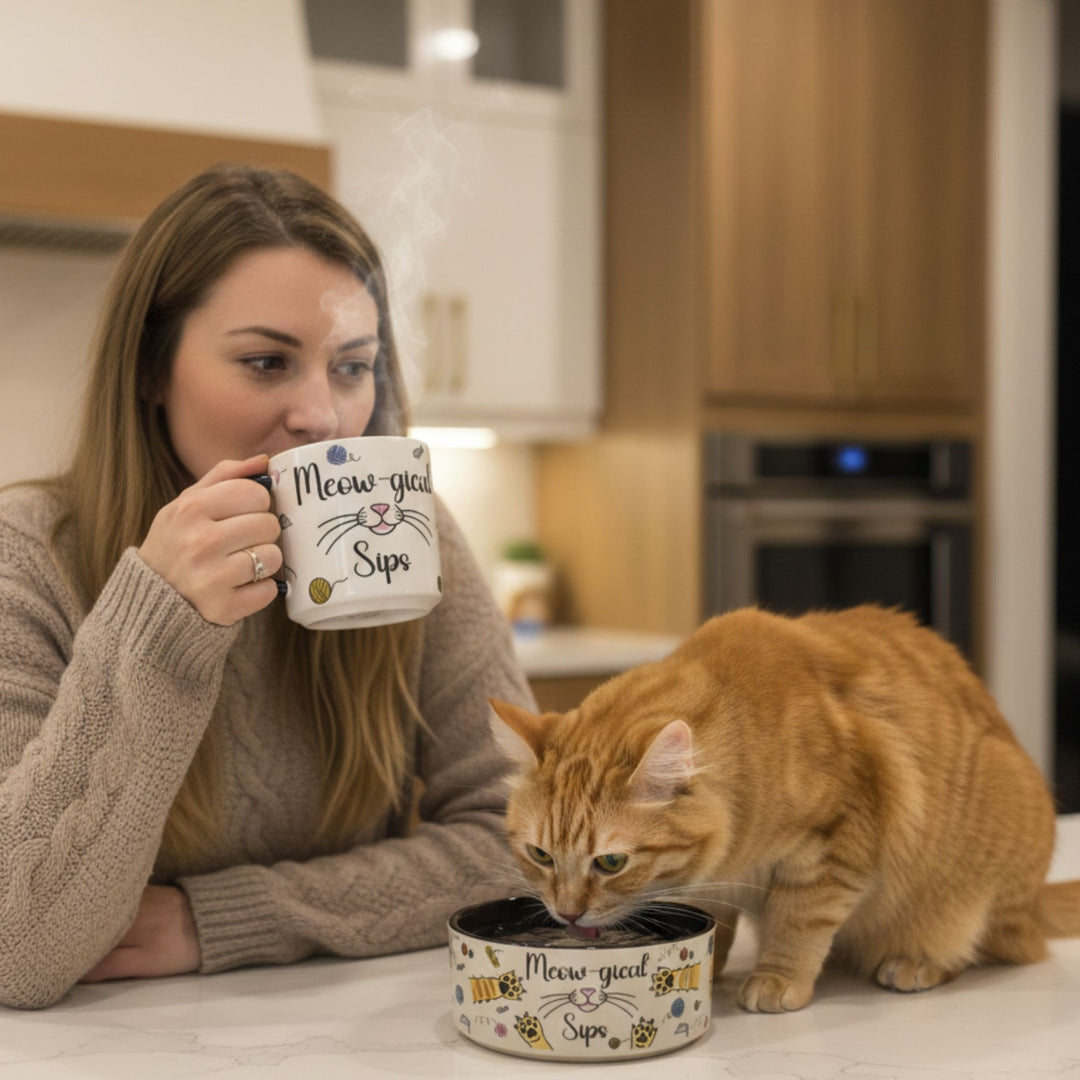 Woman drinking from a mug with a cat eating from a bowl in a kitchen. The mug and the bowl are the same cat-themed design