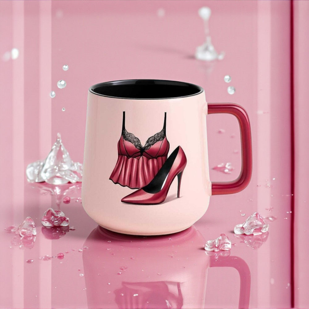 Pink mug with a design of a bra and high heels on a pink background
