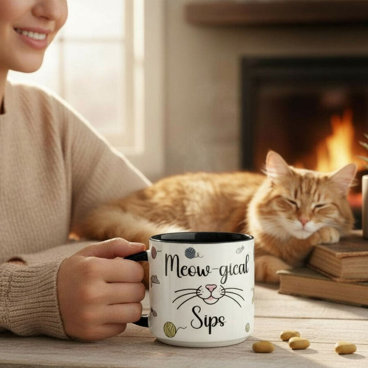 Person holding a mug with a cat design, sitting next to a cat by a fireplace.