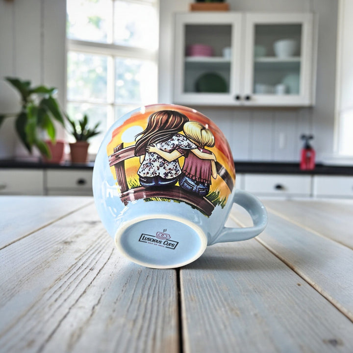 Colorful mug with  two kids watching the sunset and a Luscious Cup logo branded on the bottom.