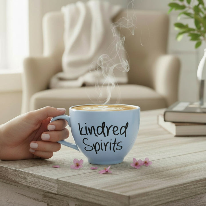 Hand holding a steaming coffee cup with 'kindred Spirits' text in a cozy living room.