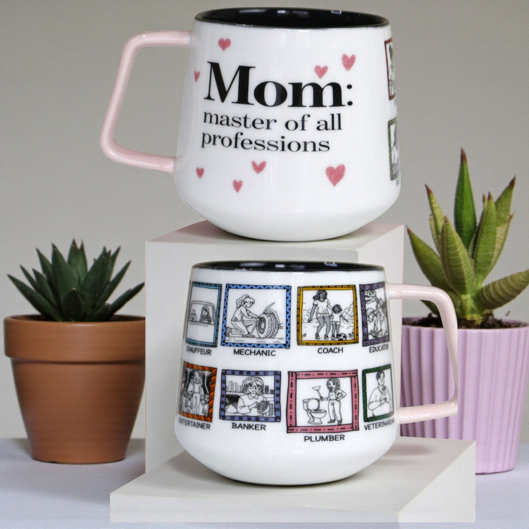 Front and back of the same mug with front saying Mom: Master of all professions and back with humorous  illustrations of mothers doing different roles