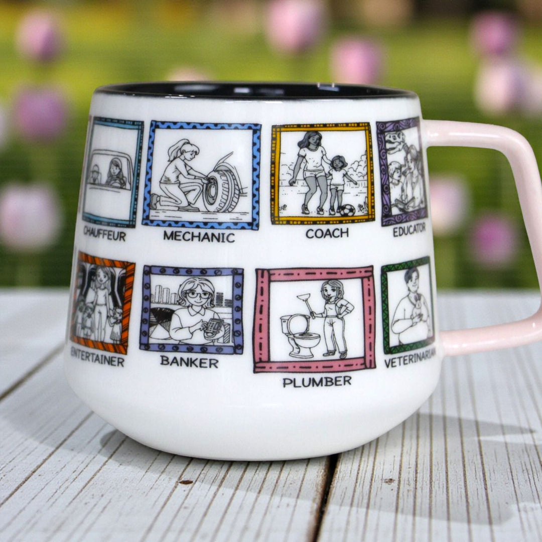 White mug with illustrations and text of various professions