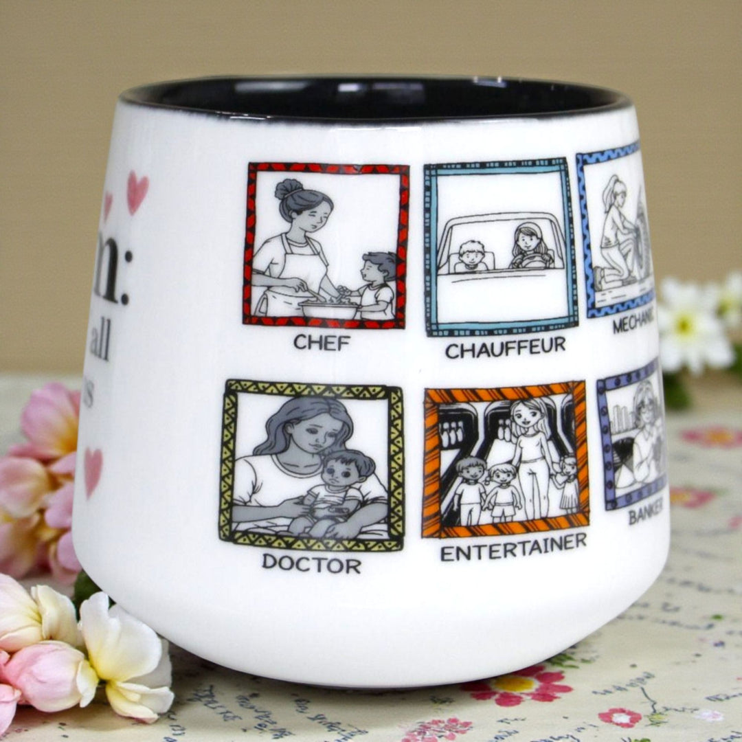 White mug with illustrations and text of different professions
