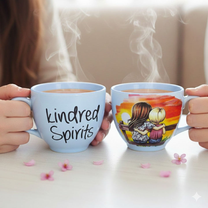 Front and back of the same mug  being held, one showing the 'kindred Spirits' text on the front and the other with a sunset design on the back.