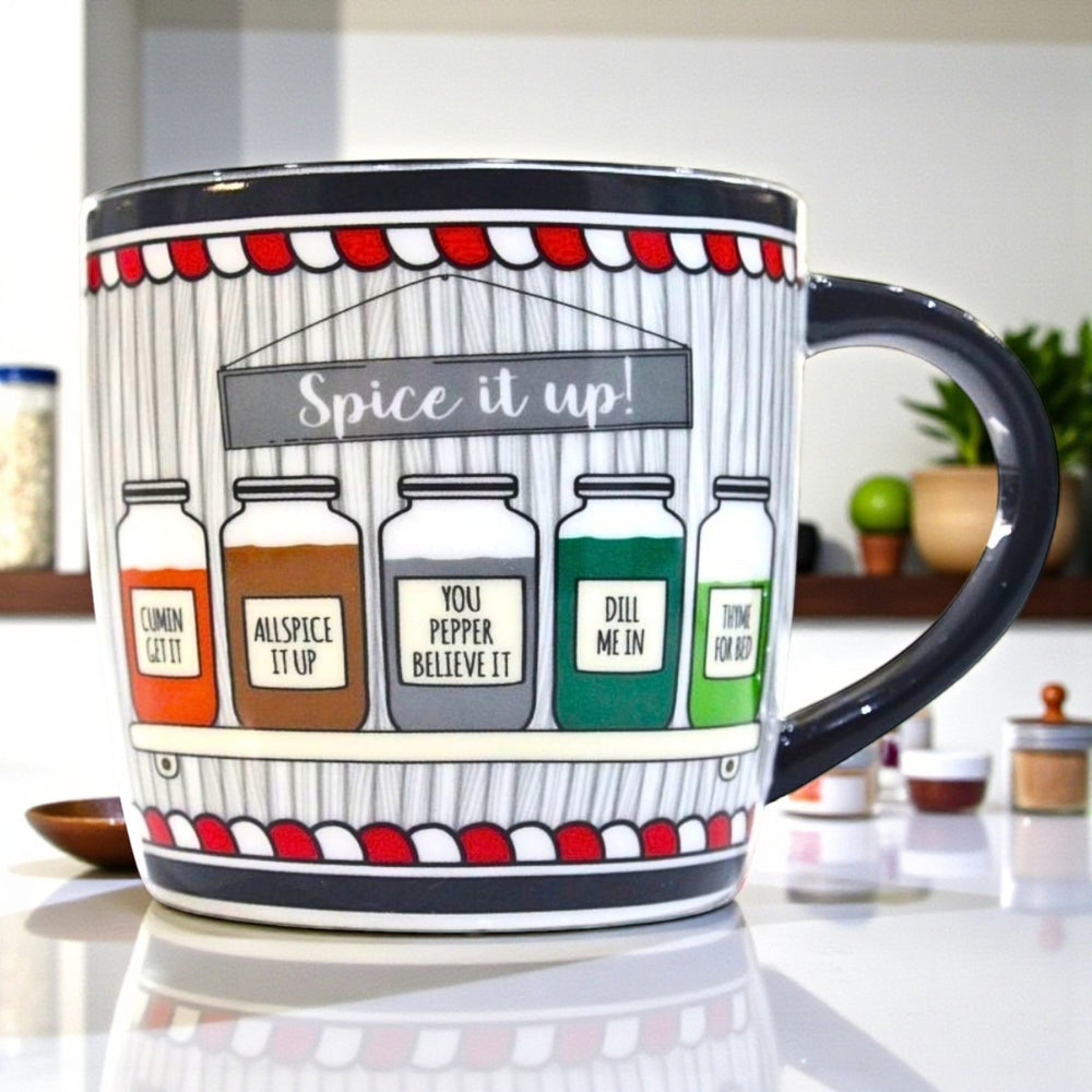 Ceramic Mug with spice-themed design.