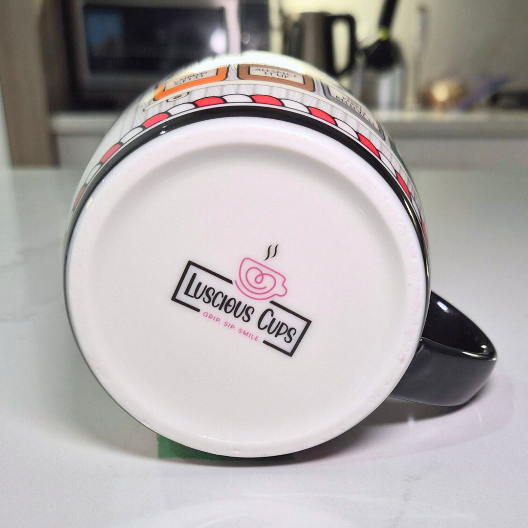 Mug with 'Luscious Cups' branding on a white surface